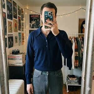 Vintage Lord Jeff Tall Fellow Navy Blue Knit Polo Sweater 70s Orlon Mens Medium